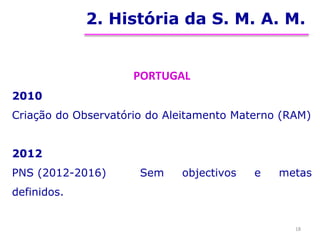 2. História da S. M. A. M.
PORTUGAL
2010
Criação do Observatório do Aleitamento Materno (RAM)
2012
PNS (2012-2016) Sem objectivos e metas
definidos.
18
 