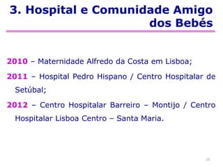 3. Hospital e Comunidade Amigo
dos Bebés
2010 – Maternidade Alfredo da Costa em Lisboa;
2011 – Hospital Pedro Hispano / Centro Hospitalar de
Setúbal;
2012 – Centro Hospitalar Barreiro – Montijo / Centro
Hospitalar Lisboa Centro – Santa Maria.
23
 