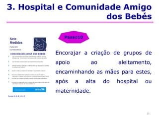 3. Hospital e Comunidade Amigo
dos Bebés
25
Encorajar a criação de grupos de
apoio ao aleitamento,
encaminhando as mães para estes,
após a alta do hospital ou
maternidade.
Passo10
Fonte:D.G.S.,2012
 