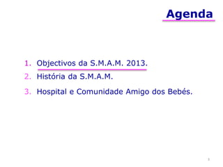 Agenda
1. Objectivos da S.M.A.M. 2013.
2. História da S.M.A.M.
3. Hospital e Comunidade Amigo dos Bebés.
3
 