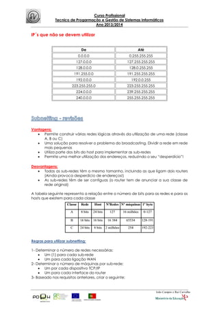 Curso Profissional
Tecnico de Progarmação e Gestão de Sistemas Informáticos
Ano 2013/2014
João Campos e Rui Carvalho
IP´s que não se devem utilizar
De Até
0.0.0.0 0.255.255.255
127.0.0.0 127.255.255.255
128.0.0.0 128.0.255.255
191.255.0.0 191.255.255.255
192.0.0.0 192.0.0.255
223.255.255.0 223.255.255.255
224.0.0.0 239.255.255.255
240.0.0.0 255.255.255.255
Vantagens:
 Permite construir várias redes lógicas através da utilização de uma rede (classe
A, B ou C)
 Uma solução para resolver o problema do broadcasting. Dividir a rede em rede
mais pequenas
 Utiliza parte dos bits do host para implementar as sub-redes
 Permite uma melhor utilização dos endereços, reduzindo o seu “desperdício”!
Desvantagens:
 Todas as sub-redes têm o mesmo tamanho, incluindo as que ligam dois routers
(Ainda provoca desperdício de endereços!)
 As sub-redes têm de ser contíguas (o router tem de anunciar a sua classe de
rede original)
A tabela seguinte representa a relação entre o número de bits para as redes e para os
hosts que existem para cada classe
Regras para utilizar subnetting:
1- Determinar o número de redes necessárias:
 Um (1) para cada sub-rede
 Um para cada ligação WAN
2- Determinar o número de máquinas por sub-rede:
 Um por cada dispositivo TCP/IP
 Um para cada interface do router
3- Baseado nos requisitos anteriores, criar o seguinte:
 