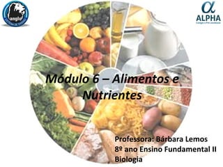 Módulo 6 – Alimentos e
Nutrientes
Professora: Bárbara Lemos
8º ano Ensino Fundamental II
Biologia
 