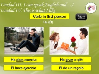 Unidad III. I can speak English and…/
Unidad IV. This is what I like
Verb in 3rd person
He (Él)
He does exercise
Él hace ejercicio
He gives a gift
Él da un regalo
Regresar
al Menú
 