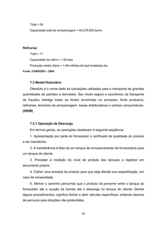 Total = 54
     Capacidade total de armazenagem = 64.278.000 barris




Refinarias
     Total = 11
     Capacidade de refino = 1,83 bpd

     Produção média diária = 1,49 milhões de bpd toneladas dia
Fonte: CARDOSO – 2004



     7.3 Modal Dutoviário
     Oleoduto é o nome dado às tubulações utilizadas para o transporte de grandes
quantidades de petróleo e derivados. Seu modo seguro e econômico de transporte
de líquidos interliga todas as fontes envolvidas no processo: fonte produtora,
refinarias, terminais de armazenagem, bases distribuidoras e centros consumidores.
(IDEM)


     7.3.1 Operação de Descarga
     Em termos gerais, as operações obedecem à seguinte seqüência:
     1. Apresentação por parte do fornecedor o certificado de qualidade do produto
a ser transferido.
     2. A transferência é feita de um tanque de armazenamento da fornecedora para
um tanque do cliente.
     3. Proceder à medição do nível de produto dos tanques e registrar em
documento próprio.
     4. Colher uma amostra do produto para que seja aferida sua especificação, em
caso de necessidade.
     5. Alinhar o caminho percorrido que o produto irá percorrer entre o tanque do
fornecedor até a sucção da bomba até a descarga no tanque do cliente. Dentre
alguns procedimentos, significa fechar e abrir válvulas específicas, evitando desvios
de percurso para direções não pretendidas.



                                           58
 