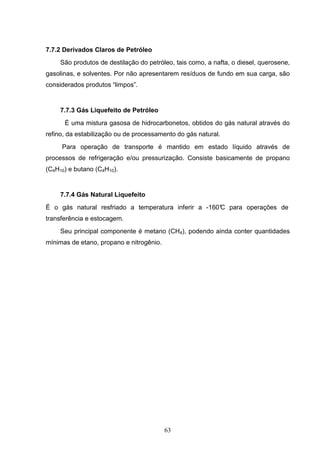 7.7.2 Derivados Claros de Petróleo
     São produtos de destilação do petróleo, tais como, a nafta, o diesel, querosene,
gasolinas, e solventes. Por não apresentarem resíduos de fundo em sua carga, são
considerados produtos “limpos”.


     7.7.3 Gás Liquefeito de Petróleo
      É uma mistura gasosa de hidrocarbonetos, obtidos do gás natural através do
refino, da estabilização ou de processamento do gás natural.
     Para operação de transporte é mantido em estado líquido através de
processos de refrigeração e/ou pressurização. Consiste basicamente de propano
(C4H10) e butano (C4H10).


     7.7.4 Gás Natural Liquefeito
É o gás natural resfriado a temperatura inferir a -160° para operações de
                                                      C
transferência e estocagem.
     Seu principal componente é metano (CH4), podendo ainda conter quantidades
mínimas de etano, propano e nitrogênio.




                                          63
 