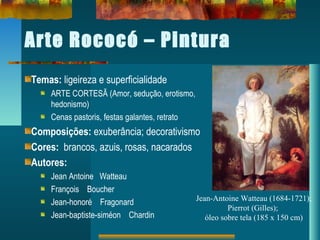Arte Rococó – Pintura
Temas: ligeireza e superficialidade
ARTE CORTESÃ (Amor, sedução, erotismo,
hedonismo)
Cenas pastoris, festas galantes, retrato
Composições: exuberância; decorativismo
Cores: brancos, azuis, rosas, nacarados
Autores:
Jean Antoine Watteau
François Boucher
Jean-honoré Fragonard
Jean-baptiste-siméon Chardin
Jean-Antoine Watteau (1684-1721);
Pierrot (Gilles);
óleo sobre tela (185 x 150 cm)
 