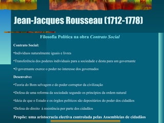 Jean-Jacques Rousseau (1712-1778)
Filosofia Política na obra Contrato Social
Contrato Social:
•Indivíduos naturalmente iguais e livres
•Transferência dos poderes individuais para a sociedade e desta para um governante
•O governante exerce o poder no interesse dos governados
Desenvolve:
•Teoria do Bom selvagem e do poder corruptor da civilização
•Defesa de uma reforma da sociedade segundo os princípios da ordem natural
•Ideia de que o Estado e os órgãos políticos são depositários do poder dos cidadãos
•Defesa do direito à resistência por parte dos cidadãos
Propõe: uma aristocracia electiva controlada pelas Assembleias de cidadãos
 