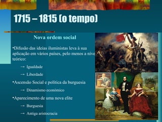 1715 – 1815 (o tempo)
Nova ordem social
•Difusão das ideias iluministas leva à sua
aplicação em vários países, pelo menos a nível
teórico:
→ Igualdade
→ Liberdade
•Ascensão Social e política da burguesia
→ Dinamismo económico
•Aparecimento de uma nova elite
→ Burguesia
→ Antiga aristocracia
 