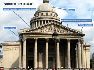 Panteão de Paris (1755-80)
Frontão triangular com tímpano esculpido

Cúpula

Entablamento direito, de friso decorado
Pórtico colunado
Ordem clássica

 