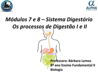 Módulos 7 e 8 – Sistema Digestório
Os processos de Digestão I e II
Professora: Bárbara Lemos
8º ano Ensino Fundamental II
Biologia
 