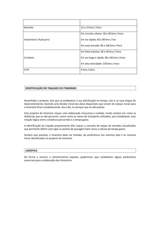 Bicicleta                                         12 a 15 kms / hora

                                                  Em circuito urbano: 30 a 40 kms / hora

Automóvel / Autocarro                             Em via rápida: 60 a 90 kms / hor

                                                  Em auto-estrada: 90 a 100 kms / hora

                                                  Em linha estreita: 30 a 50 kms / hora

Comboio                                           Em via larga e rápida: 80 a 90 kms / hora

                                                  Em alta velocidade: 150 kms / hora

A Pé                                              4 kms / hora




 IDENTIFICAÇÃO DO TRAÇADO DO ITINERÁRIO



Desenhado o produto, tem que se estabelecer a sua distribuição no tempo, isto é, as suas etapas de
desenvolvimento, fazendo uma divisão inicial das datas disponíveis que sirvam de esboço inicial para
o itinerário final e estabelecendo, dia a dia, os serviços que se vão prestar.

Este projecto de itinerário requer uma elaboração minuciosa e cuidada, tendo sempre em conta as
distâncias que se vão percorrer, assim como os meios de transporte utilizados, para estabelecer uma
relação lógica entre a distância percorrida e o tempo gasto.

A identificação do traçado propriamente dito requer a consulta de mapas de estradas actualizados
que permitam definir com rigor os pontos de passagem bem como o cálculo do tempo gasto.

Sempre que possível, o itinerário deve ser testado, de preferência nos mesmos dias e às mesmas
horas identificadas no projecto de itinerário



 LOGÍSTICA

De forma a resumir o anteriormente exposto, poderemos aqui estabelecer alguns parâmetros
essenciais para a elaboração dos itinerários:
 