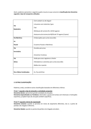 Assim, podemos apresentar o seguinte quadro resumo no que concerne à classificação dos itinerários
segundo o tipo de transportes utilizados:



                               - Carro próprio ou de aluguer

                               - Limusines com motorista / guia
Via
                               - Táxi
Rodoviária
                               - Minibuses de turismo (9 a 14/16 lugares)

                               - Autocarros de turismo de 40/50 até 75 lugares (2 pisos)

Via Marítima                   - Embarcações para curtas excursões

ou

Fluvial                        - Cruzeiros Fluviais e Marítimos

Via                            - Grandes percursos

Ferroviária

                               - Itinerários Turísticos

Via                            - Avião para voos regulares e charter

Aérea                          - Helicópteros e avionetas para curtas excursões

                               - Balões de ar quente



Via e Meios Combinados         - Ex. Fly-and-Drive




3. OUTRAS CLASSIFICAÇÕES


Podemos, ainda, considerar outras classificações baseadas em diferentes critérios:

Grupo I: segundo o tipo de atracções e actividades propostas
Itinerários Gerais: apresentam grande variedade de atracções.
Itinerários Especializados ou Temáticos: destinados a grupos de turistas com interesses e motivações
específicas, propõem tipos de atracções também específicas.


Grupo II: segundo a forma de organização
Itinerários Lineares: quando se pernoita em meios de alojamento diferentes, isto é, o ponto de
partida e de chegada é diferente.

Itinerários Nodais: quando os pontos de partida e de chegada coincidem.
 