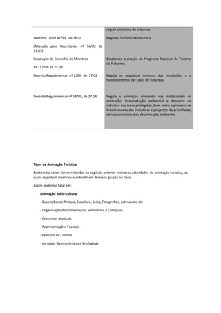 regula o turismo de natureza.

Decreto- Lei nº 47/99, de 16.02                  Regula o turismo de natureza.

(Alterado pelo Decreto-Lei nº 56/02 de
11.03)

Resolução de Conselho de Ministros               Estabelece a criação do Programa Nacional de Turismo
                                                 de Natureza.
nº 112/98 de 25.08

Decreto Regulamentar nº 2/99, de 17.02           Regula os requisitos mínimos das instalações e o
                                                 funcionamento das casas de natureza.



Decreto Regulamentar nº 18/99, de 27.08          Regula a animação ambiental nas modalidades de
                                                 animação, interpretação ambiental e desporto de
                                                 natureza nas áreas protegidas, bem como o processo de
                                                 licenciamento das iniciativas e projectos de actividades,
                                                 serviços e instalações de animação ambiental.




Tipos de Animação Turística

Existem tal como foram referidas no capítulo anterior inúmeras actividades de animação turística, as
quais se podem inserir ou subdividir em diversos grupos ou tipos.

Assim podemos falar em:

    Animação Sócio-cultural

    - Exposições de Pintura, Escultura, Selos, Fotografias, Artesanato etc

    - Organização de Conferências, Seminários e Colóquios

    - Concertos Musicais

    - Representações Teatrais

    - Festivais de Cinema

    - Jornadas Gastronómicas e Enológicas
 