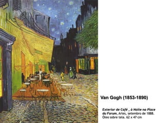 Van Gogh (1853-1890)
Exterior de Café , à Noite na Place
du Forum, Arles, setembro de 1888.
Óleo sobre tela. 62 x 47 cm

 