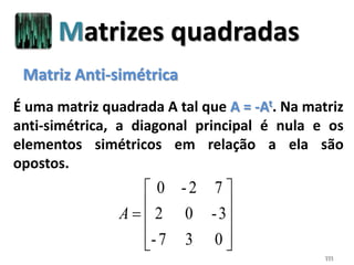 111
Matriz Anti-simétrica
É uma matriz quadrada A tal que A = -At. Na matriz
anti-simétrica, a diagonal principal é nula e os
elementos simétricos em relação a ela são
opostos.











037-
3-02
72-0
A
Matrizes quadradas
 