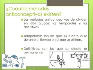 ¿Cuántos métodos
anticonceptivos existen?
 Los

métodos anticonceptivos de dividen
en dos grupos: los temporales y los
definitivos.

 Temporales:

son los que su efecto dura
durante el tiempo en el que se utilizan.

 Definitivos:

son los que su efecto es
permanente.

 