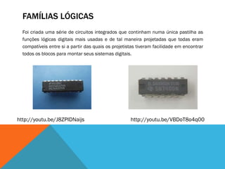 FAMÍLIAS LÓGICAS
  Foi criada uma série de circuitos integrados que continham numa única pastilha as
  funções lógicas digitais mais usadas e de tal maneira projetadas que todas eram
  compatíveis entre si a partir das quais os projetistas tiveram facilidade em encontrar
  todos os blocos para montar seus sistemas digitais.




http://youtu.be/J8ZPIDNaijs                          http://youtu.be/VBDoT8o4q00
 