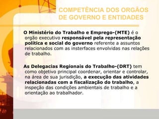 COMPETÊNCIA DOS ORGÃOS
DE GOVERNO E ENTIDADES
O Ministério do Trabalho e Emprego-(MTE) é o
orgão executivo responsável pela representação
política e social do governo referente a assuntos
relacionados com as insterfaces envolvidas nas relações
de trabalho.
As Delegacias Regionais do Trabalho-(DRT) tem
como objetivo principal coordenar, orientar e controlar,
na área de sua jurisdição, a execução das atividades
relacionadas com a fiscalização do trabalho, a
inspeção das condições ambientais de trabalho e a
orientação ao trabalhador.
 