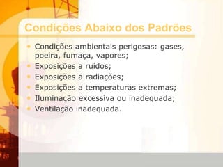Condições Abaixo dos Padrões
• Condições ambientais perigosas: gases,
poeira, fumaça, vapores;
• Exposições a ruídos;
• Exposições a radiações;
• Exposições a temperaturas extremas;
• Iluminação excessiva ou inadequada;
• Ventilação inadequada.
 