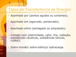 Tipos de Transferência de Energia:
• Apanhado por (pontos agudos ou cortantes);
• Apanhado em (agarrado, pendurado);
• Apanhado entre (esmagado ou amputado);
• Contato com (eletricidade, calor, frio, radiação,
substâncias cáusticas, substâncias tóxicas,
ruídos);
• Sobre-tensão/ sobre-esforço/ sobrecarga.
 