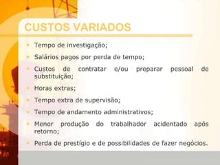 CUSTOS VARIADOS
• Tempo de investigação;
• Salários pagos por perda de tempo;
• Custos de contratar e/ou preparar pessoal de
substituição;
• Horas extras;
• Tempo extra de supervisão;
• Tempo de andamento administrativos;
• Menor produção do trabalhador acidentado após
retorno;
• Perda de prestígio e de possibilidades de fazer negócios.
 