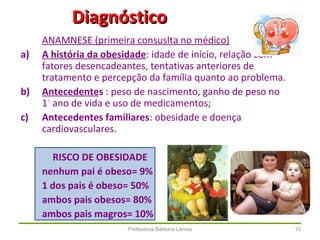 Professora Bárbara Lemos 10
DiagnósticoDiagnóstico
ANAMNESE (primeira consuslta no médico)
a) A história da obesidade: idade de início, relação com
fatores desencadeantes, tentativas anteriores de
tratamento e percepção da família quanto ao problema.
b) Antecedentes : peso de nascimento, ganho de peso no
1◦
ano de vida e uso de medicamentos;
c) Antecedentes familiares: obesidade e doença
cardiovasculares.
RISCO DE OBESIDADE
nenhum pai é obeso= 9%
1 dos pais é obeso= 50%
ambos pais obesos= 80%
ambos pais magros= 10%
 