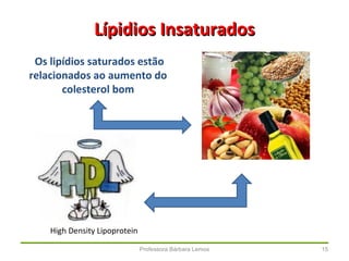 Professora Bárbara Lemos 15
Lípidios InsaturadosLípidios Insaturados
Os lipídios saturados estão
relacionados ao aumento do
colesterol bom
High Density Lipoprotein
 