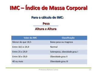 Professora Bárbara Lemos 21
IMC – Índice de Massa CorporalIMC – Índice de Massa Corporal
Para o cálculo de IMC:Para o cálculo de IMC:
Altura x AlturaAltura x Altura
PesoPeso
Valor do IMC Classificação
Menor do que 18,5 Baixo peso ou magreza
Entre 18,5 e 24,9 Normal
Entre 25 e 29,9 Sobrepeso, obesidade grau I
Entre 30 e 39,9 Obesidade grau II
40 ou mais Obesidade grau III
 
