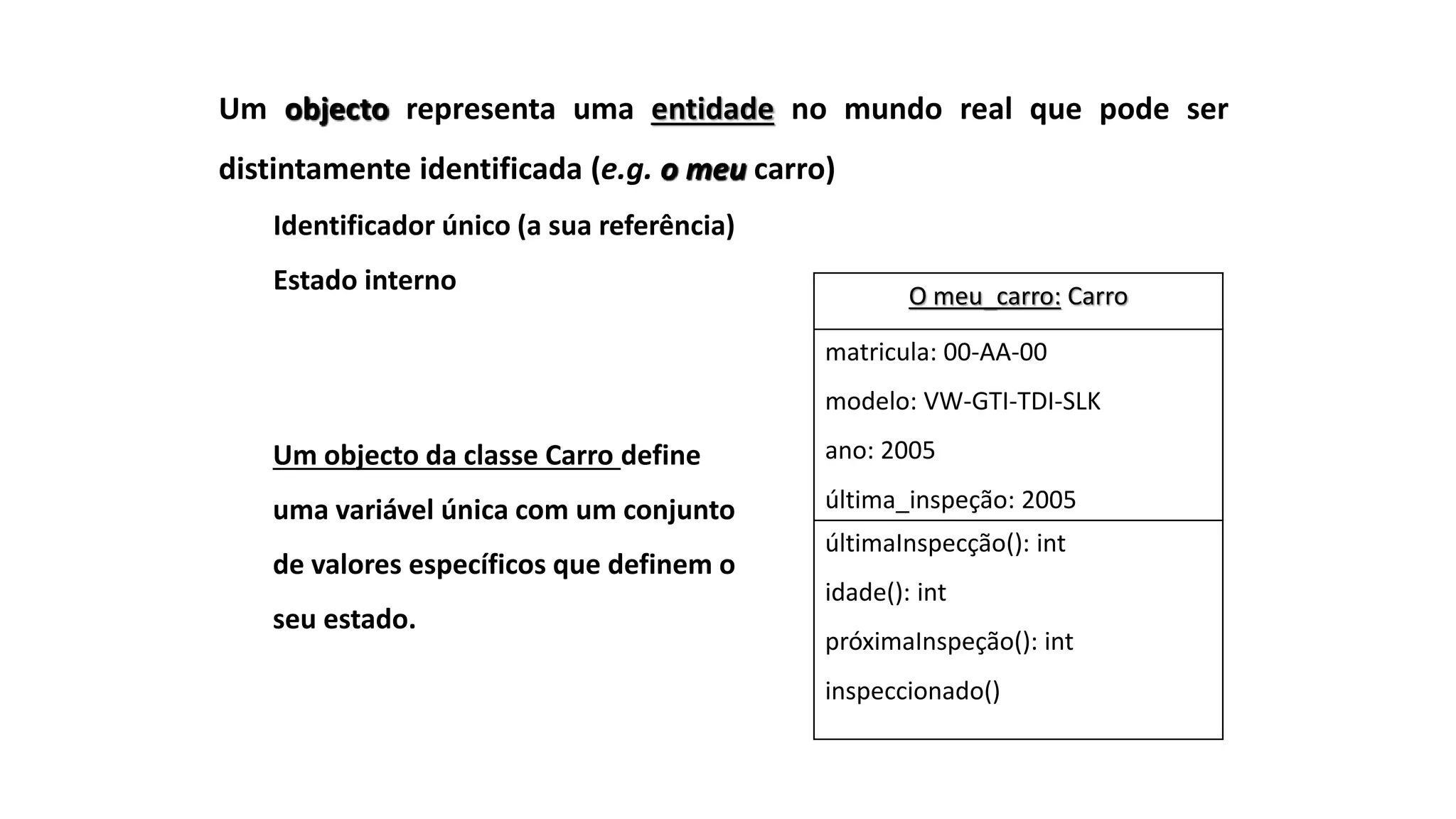 O meu_carro: Carro
matricula: 00-AA-00
modelo: VW-GTI-TDI-SLK
ano: 2005
última_inspeção: 2005
últimaInspecção(): int
idade(): int
próximaInspeção(): int
inspeccionado()
Um objecto da classe Carro define
uma variável única com um conjunto
de valores específicos que definem o
seu estado.
Um objecto representa uma entidade no mundo real que pode ser
distintamente identificada (e.g. o meu carro)
Identificador único (a sua referência)
Estado interno
 