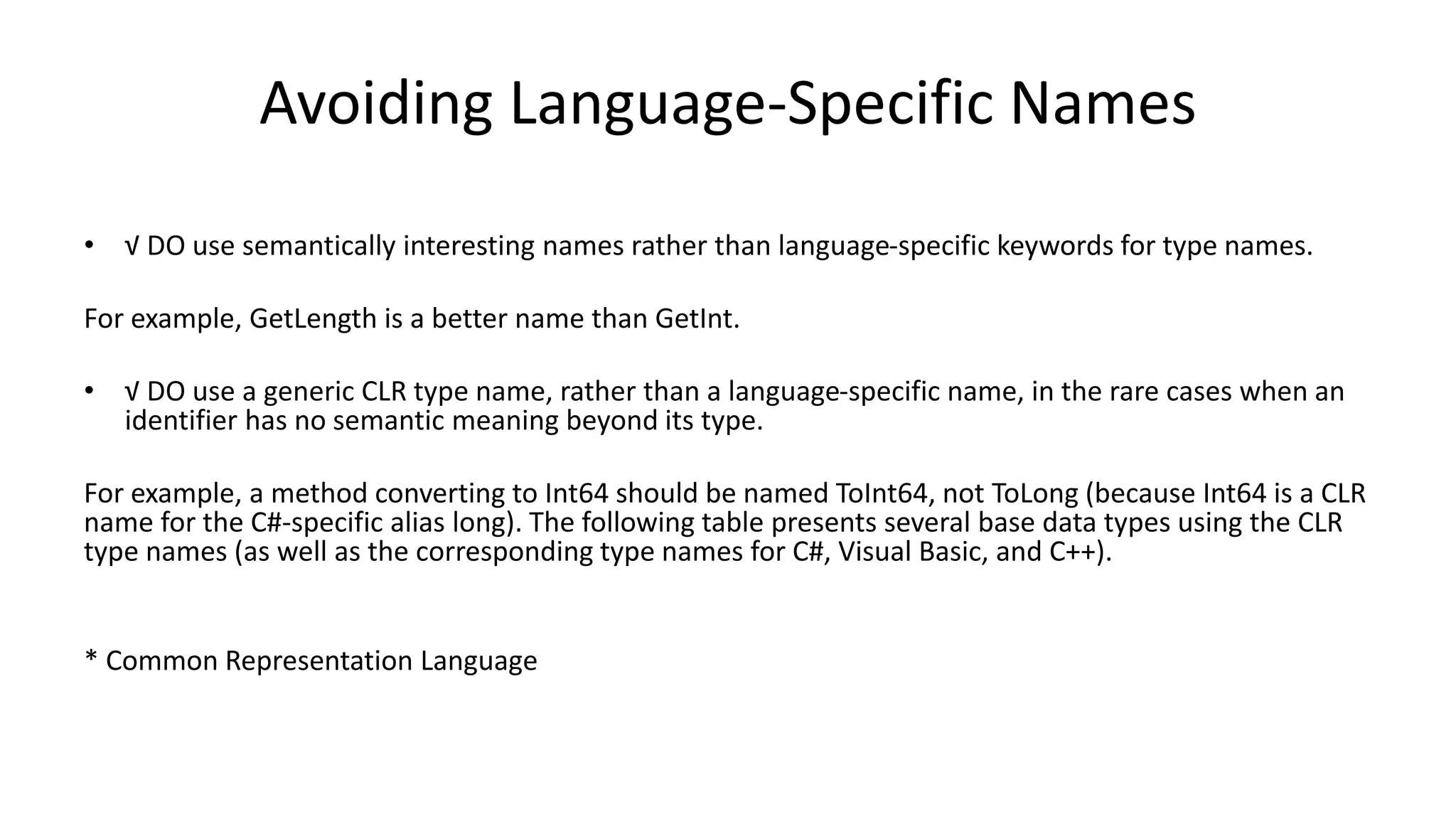 Avoiding Language-Specific Names
• √ DO use semantically interesting names rather than language-specific keywords for type names.
For example, GetLength is a better name than GetInt.
• √ DO use a generic CLR type name, rather than a language-specific name, in the rare cases when an
identifier has no semantic meaning beyond its type.
For example, a method converting to Int64 should be named ToInt64, not ToLong (because Int64 is a CLR
name for the C#-specific alias long). The following table presents several base data types using the CLR
type names (as well as the corresponding type names for C#, Visual Basic, and C++).
* Common Representation Language
 