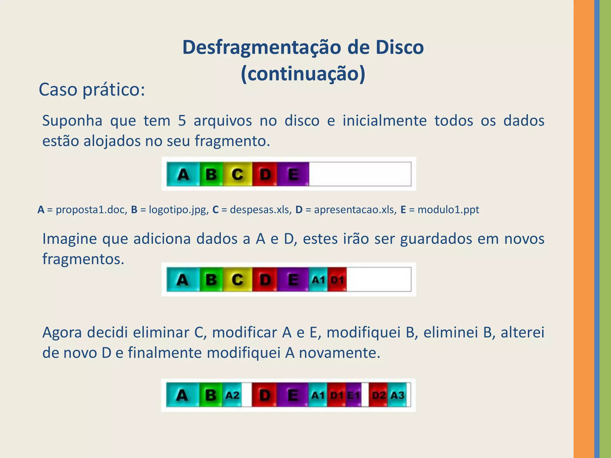 Desfragmentação de Disco
                                    (continuação)
Caso prático:
 Suponha que tem 5 arquivos no disco e inicialmente todos os dados
 estão alojados no seu fragmento.


A = proposta1.doc, B = logotipo.jpg, C = despesas.xls, D = apresentacao.xls, E = modulo1.ppt

 Imagine que adiciona dados a A e D, estes irão ser guardados em novos
 fragmentos.



 Agora decidi eliminar C, modificar A e E, modifiquei B, eliminei B, alterei
 de novo D e finalmente modifiquei A novamente.
 