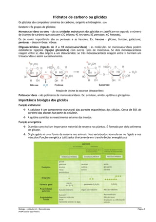 Biologia – módulo A1 – Biomoléculas Página 2
Profª Leonor Vaz Pereira
Hidratos de carbono ou glícidos
Os glícidos são compostos ternários de carbono, oxigénio e hidrogénio. (COH)
Existem três grupos de glícidos:
Monossacarídeos ou oses – são as unidades estruturais dos glícidos e classificam-se segundo o número
de átomos de carbono que possuem (3C trioses; 4C tetroses; 5C pentoses; 6C hexoses).
Os de maior importância são as pentoses e as hexoses. Ex: hexose – glicose, frutose, galactose;
pentoses – desoxirribose, ribose.
Oligossacarídeos (ligação de 2 a 10 monossacarídeos) – as moléculas de monossacarídeos podem
estabelecer ligações (ligação glicosídica) com outros tipos de moléculas. Se dois monossacarídeos
reagem entre si, dão origem a um dissacarídeo; se três monossacarídeos reagem entre si formam um
trissacarídeo e assim sucessivamente.
Reação de síntese da sacarose (dissacarídeo)
Polissacarídeos – são polímeros de monossacarídeos. Ex: celulose, amido, quitina e glicogénio.
Importância biológica dos glícidos
Função estrutural
 A celulose é um componente estrutural das paredes esqueléticas das células. Cerca de 50% do
carbono das plantas faz parte da celulose.
 A quitina constitui o revestimento externo dos insetos.
Função energética
 O amido constitui um importante material de reserva nas plantas. É formado por dois polímeros
de glicose.
 O glicogénio é uma forma de reserva nos animais. Nos vertebrados acumula-se no fígado e nos
músculos Função energética (utilizados diretamente em transferências energéticas)
 