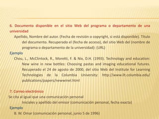 6. Documento disponible en el sitio Web del programa o departamento de una
universidad
   Apellido, Nombre del autor. (Fecha de revisión o copyright, si está disponible). Título
        del documento. Recuperado el (fecha de acceso), del sitio Web del (nombre de
        programa o departamento de la universidad): (URL)
Ejemplo
   Chou, L., McClintock, R., Moretti, F. & Nix, D.H. (1993). Technology and education:
        New wine in new bottles: Choosing pastas and imaging educational futures.
        Recuperado el 24 de agosto de 2000, del sitio Web del Institute for Learning
        Technologies de la Columbia University: http://www.ilt.columbia.edu/
        publications/papers/newwinel.html

 7. Correo electrónico
Se cita al igual que una comunicación personal
         Iniciales y apellido del emisor (comunicación personal, fecha exacta)
 Ejemplo
    B. W. Omar (comunicación personal, junio 5 de 1996)
 