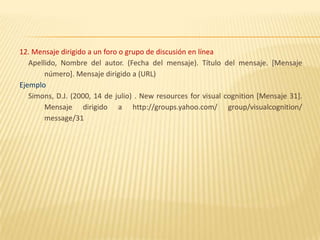 12. Mensaje dirigido a un foro o grupo de discusión en línea
   Apellido, Nombre del autor. (Fecha del mensaje). Título del mensaje. [Mensaje
        número]. Mensaje dirigido a (URL)
Ejemplo
   Simons, D.J. (2000, 14 de julio) . New resources for visual cognition [Mensaje 31].
        Mensaje dirigido a http://groups.yahoo.com/ group/visualcognition/
        message/31
 