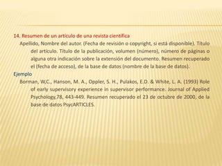 14. Resumen de un artículo de una revista científica
   Apellido, Nombre del autor. (Fecha de revisión o copyright, si está disponible). Título
        del artículo. Título de la publicación, volumen (número), número de páginas o
        alguna otra indicación sobre la extensión del documento. Resumen recuperado
        el (fecha de acceso), de la base de datos (nombre de la base de datos).
Ejemplo
   Borman, W,C., Hanson, M. A., Oppler, S. H., Pulakos, E.D. & White, L. A. (1993) Role
        of early supervisory experience in supervisor performance. Journal of Applied
        Psychology,78, 443-449. Resumen recuperado el 23 de octubre de 2000, de la
        base de datos PsycARTICLES.
 