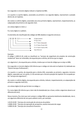 15
b) o segundo e o terceiro dígitos indicam o Capítulo da NBS;
c) o quarto e o quinto dígitos, associados ao primeiro e ao segundo dígitos, representam a posição
dentro de um Capítulo;
d) o sexto e o sétimo dígitos, associados aos cinco primeiro dígitos, representam, respectivamente, as
subposições de primeiro e de segundo nível;
e) o oitavo dígito é o item; e
f) o nono dígito é o subitem.
A sistemática de classificação dos códigos da NBS obedece à seguinte estrutura:
Exemplo:
O código 1.1403.21.10, onde se classificam os “serviços de engenharia de projetos de construção
residencial” deve ser entendido, da esquerda para a direita, da forma que se segue:
a) o algarismo 1, da esquerda para a direita, sinaliza que se trata de código que se aloja na NBS;
b) o segundo e o terceiro dígitos (14) informa que o código em tela está no Capítulo 14, dedicado aos
“Outros Serviços Profissionais”;
c) o quarto e o quinto, da esquerda para a direita (03), associados ao primeiro, segundo e terceiro
dígitos, separados por um ponto, (1.14) assinala que a terceira posição do Capítulo 14 é ocupada pe-
los “serviços de engenharia”;
d) o sexto e o sétimo dígitos, da esquerda para a direita, indicam, respectivamente, as subposições de
primeiro e segundo nível (21);
e) o oitavo dígito (1) diz que há item no código; e
f) o nono dígito (0) informa que o item não foi desdobrado (se o fosse, então o algarismo deveria ser
diferente de zero).
Dessa maneira, fica claro que nem sempre o código NBS se apresenta totalmente desdobrado, isto é,
um algarismo diferente de zero para subitem como, por exemplo:
1.0119.10.00 Serviços de construção de estruturas de prédios
1.0606.10.00 Serviços de operação de aeroportos, exceto manuseio de cargas
1.0905.91.00 Serviços de consultoria financeira
 