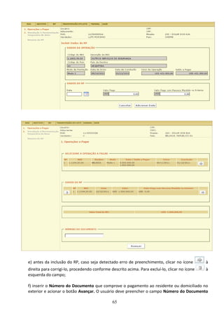 65
e) antes da inclusão do RP, caso seja detectado erro de preenchimento, clicar no ícone à
direita para corrigi-lo, procedendo conforme descrito acima. Para excluí-lo, clicar no ícone à
esquerda do campo;
f) inserir o Número do Documento que comprove o pagamento ao residente ou domiciliado no
exterior e acionar o botão Avançar. O usuário deve preencher o campo Número do Documento
 