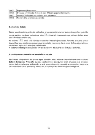 94
E0035 Pagamento já cancelado.
E0036 É vedada a retificação de moeda para RAS com pagamento incluído.
E0037 Número DI não pode ser excluído, pois não existe.
E0038 Número DI já se encontra excluído.
3.4. Exclusão do Lote
Caso o usuário detecte, antes de realizado o processamento noturno, que enviou um lote indevida-
mente, existe a opção de exclusão de lotes . Para tal, é necessário que o status do lote ainda
seja Em Processamento (EP).
Ao clicar na , o lote será excluído do sistema e não será processado. Portanto, o usuário apenas
deve utilizar essa opção nos casos em que for notado, no mesmo dia do envio do lote, alguma incon-
sistência ou algum erro no arquivo selecionado.
A responsabilidade pela exclusão de um lote é exclusiva do usuário que efetuou o comando.
3.5. Cumprimento de Prazos na Transferência em Lote
Para fins de cumprimento dos prazos legais, o sistema adota a data e o horário informados na coluna
Data de Geração do Protocolo, ou seja, a data em que os arquivos foram enviados para processa-
mento. Vale ressaltar que a obrigação só será tempestivamente cumprida se os arquivos forem pro-
cessados com sucesso (status PS), dentro dos prazos legais estabelecidos para os registros.
 