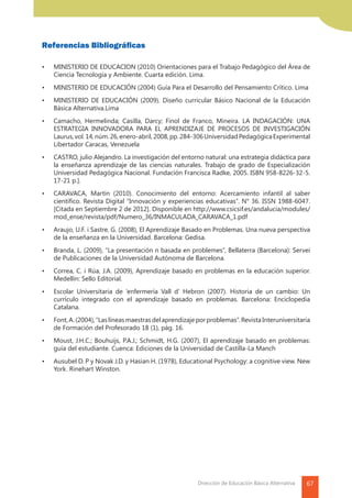 67Dirección de Educación Básica Alternativa
Referencias Bibliográficas
•	 MINISTERIO DE EDUCACION (2010) Orientaciones para el Trabajo Pedagógico del Área de
Ciencia Tecnología y Ambiente. Cuarta edición. Lima.
•	 MINISTERIO DE EDUCACIÓN (2004) Guía Para el Desarrollo del Pensamiento Crítico. Lima
•	 MINISTERIO DE EDUCACIÓN (2009). Diseño curricular Básico Nacional de la Educación
Básica Alternativa.Lima
•	 Camacho, Hermelinda; Casilla, Darcy; Finol de Franco, Mineira. LA INDAGACIÓN: UNA
ESTRATEGIA INNOVADORA PARA EL APRENDIZAJE DE PROCESOS DE INVESTIGACIÓN
Laurus,vol.14,núm.26,enero-abril,2008,pp.284-306UniversidadPedagógicaExperimental
Libertador Caracas, Venezuela
•	 CASTRO, julio Alejandro. La investigación del entorno natural: una estrategia didáctica para
la enseñanza aprendizaje de las ciencias naturales. Trabajo de grado de Especialización
Universidad Pedagógica Nacional. Fundación Francisca Radke, 2005. ISBN 958-8226-32-5.
17-21 p.].
•	 CARAVACA, Martín (2010). Conocimiento del entorno: Acercamiento infantil al saber
científico. Revista Digital “Innovación y experiencias educativas”. N° 36. ISSN 1988-6047.
[Citada en Septiembre 2 de 2012]. Disponible en http://www.csicsif.es/andalucia/modules/
mod_ense/revista/pdf/Numero_36/INMACULADA_CARAVACA_1.pdf
•	 Araujo, U.F. i Sastre, G. (2008), El Aprendizaje Basado en Problemas. Una nueva perspectiva
de la enseñanza en la Universidad. Barcelona: Gedisa.
•	 Branda, L. (2009), “La presentación n basada en problemes”, Bellaterra (Barcelona): Servei
de Publicaciones de la Universidad Autónoma de Barcelona.
•	 Correa, C. i Rúa, J.A. (2009), Aprendizaje basado en problemas en la educación superior.
Medellín: Sello Editorial.
•	 Escolar Universitaria de ‘enfermería Vall d’ Hebron (2007).  Historia de un cambio: Un
currículo integrado con el aprendizaje basado en problemas. Barcelona: Enciclopedia
Catalana.
•	 Font,A.(2004),“Laslíneasmaestrasdelaprendizajeporproblemas”. RevistaInteruniversitaria
de Formación del Profesorado 18 (1), pág. 16.
•	 Moust, J.H.C.; Bouhuijs, P.A.J.; Schmidt, H.G. (2007), El aprendizaje basado en problemas:
guía del estudiante. Cuenca: Ediciones de la Universidad de Castilla-La Manch
•	 Ausubel D. P y Novak J.D. y Hasian H. (1978), Educational Psychology: a cognitive view. New
York. Rinehart Winston.
 