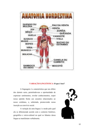 12
VARIAÇÃO LINGUÍSTICA: O que é isso?
A linguagem é a característica que nos difere
dos demais seres, permitindo-nos a oportunidade de
expressar sentimentos, revelar conhecimentos, expor
nossa opinião frente aos assuntos relacionados ao
nosso cotidiano, e, sobretudo, promovendo nossa
inserção ao convívio social.
A variação de uma língua é o modo pelo qual
ela se diferenciade acordo com o contexto histórico,
geográfico e sócio-cultural no qual os falantes dessa
língua se manifestam verbalmente.
 