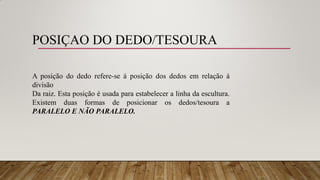 POSIÇAO DO DEDO/TESOURA
A posição do dedo refere-se á posição dos dedos em relação á
divisão
Da raiz. Esta posição é usada para estabelecer a linha da escultura.
Existem duas formas de posicionar os dedos/tesoura a
PARALELO E NÃO PARALELO.
 