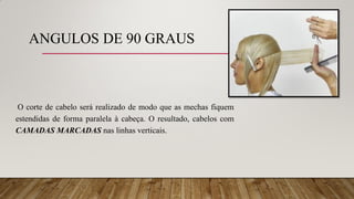 ANGULOS DE 90 GRAUS
O corte de cabelo será realizado de modo que as mechas fiquem
estendidas de forma paralela à cabeça. O resultado, cabelos com
CAMADAS MARCADAS nas linhas verticais.
 