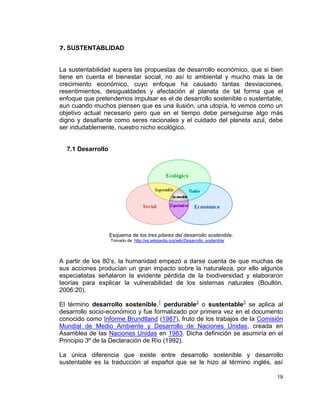 7. SUSTENTABLIDAD


La sustentabilidad supera las propuestas de desarrollo económico, que si bien
tiene en cuenta el bienestar social, no así lo ambiental y mucho mas la de
crecimiento económico, cuyo enfoque ha causado tantas desviaciones,
resentimientos, desigualdades y afectación al planeta de tal forma que el
enfoque que pretendemos impulsar es el de desarrollo sostenible o sustentable,
aun cuando muchos piensen que es una ilusión, una utopía, lo vemos como un
objetivo actual necesario pero que en el tiempo debe perseguirse algo más
digno y desafiante como seres racionales y el cuidado del planeta azul, debe
ser indudablemente, nuestro nicho ecológico.


  7.1 Desarrollo




                   Esquema de los tres pilares del desarrollo sostenible.
                   Tomado de: http://es.wikipedia.org/wiki/Desarrollo_sostenible




A partir de los 80’s, la humanidad empezó a darse cuenta de que muchas de
sus acciones producían un gran impacto sobre la naturaleza, por ello algunos
especialistas señalaron la evidente pérdida de la biodiversidad y elaboraron
teorías para explicar la vulnerabilidad de los sistemas naturales (Boullón,
2006:20).

El término desarrollo sostenible,1 perdurable2 o sustentable3 se aplica al
desarrollo socio-económico y fue formalizado por primera vez en el documento
conocido como Informe Brundtland (1987), fruto de los trabajos de la Comisión
Mundial de Medio Ambiente y Desarrollo de Naciones Unidas, creada en
Asamblea de las Naciones Unidas en 1983. Dicha definición se asumiría en el
Principio 3º de la Declaración de Río (1992).

La única diferencia que existe entre desarrollo sostenible y desarrollo
sustentable es la traducción al español que se le hizo al término inglés, así

                                                                                   19
 