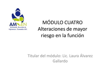 MÓDULO CUATRO
     Alteraciones de mayor
      riesgo en la función


Titular del módulo: Lic. Laura Álvarez
              Gallardo
 