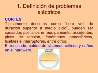 1. Definición de problemas eléctricos CORTES Típicamente descritos como “cero volt de duración superior a medio ciclo”, pueden ser causados por fallos en equipamiento, accidentes, picos de tensión, fenómenos atmosféricos, fusibles e interruptores, entre otros.  El resultado: caídas de sistemas críticos y daños en el hardware. 
