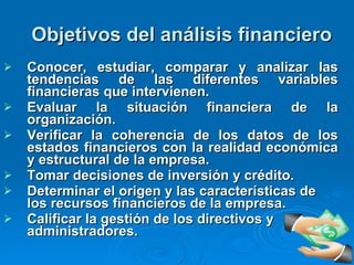 Objetivos del análisis financiero Conocer, estudiar, comparar y analizar las tendencias de las diferentes variables financieras que intervienen. Evaluar la situación financiera de la organización. Verificar la coherencia de los datos de los estados financieros con la realidad económica y estructural de la empresa. Tomar decisiones de inversión y crédito. Determinar el origen y las características de los recursos financieros de la empresa. Calificar la gestión de los directivos y administradores. 