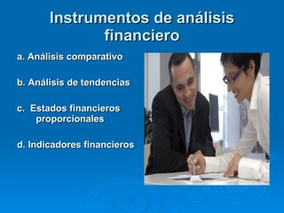 Instrumentos de análisis financiero a. Análisis comparativo b. Análisis de tendencias c.  Estados financieros proporcionales  d. Indicadores financieros 