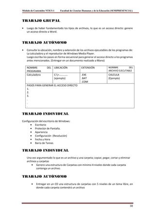 Módulo de Contenidos NTICS 1    Facultad de Ciencias Humanas y de la Educación (SEMIPRESENCIAL)



TRABAJO GRUPAL

    Luego de haber fundamentado los tipos de archivos, lo que es un acceso directo: genere
    un acceso directo a Word.


TRABAJO AUTÓNOMO

    Consulte la ubicación, nombre y extensión de los archivos ejecutables de los programas de:
    La calculadora y el reproductor de Windows Media Player.
    Luego escriba los pasos en forma secuencial para generar el acceso directo a los programas
    antes mencionados. (Entregar en un documento realizado a Mano)

    NOMBRE           DEL   UBICACIÓN              EXTENSIÓN               NOMBRE          DEL
    PROGRAMA                                                              ARCHIVO EJECUTABLE
    Calculadora            C:>………….              .EXE                    CALCULA
                           (ejemplo)              .BAT                    (Ejemplo)
                                                  .COM
    PASOS PARA GENERAR EL ACCESO DIRECTO
    1.
    2.
    3.
    .
    .
    .

TRABAJO INDIVIDUAL
Configuración del escritorio de Windows:
           Escritorio
           Protector de Pantalla.
           Apariencia
           Configuración (Resolución)
           Fecha y Hora
           Barra de Tareas

TRABAJO INDIVIDUAL
    Una vez argumentado lo que es un archivo y una carpeta; copiar, pegar, cortar y eliminar
    archivos y carpetas
            Genere una estructura de Carpetas con mínimo 4 niveles donde cada carpeta
            contenga un archivo.

TRABAJO AUTÓNOMO

            Entregar en un CD una estructura de carpetas con 5 niveles de un tema libre, en
            donde cada carpeta contendrá un archivo




                                                                                            38
 