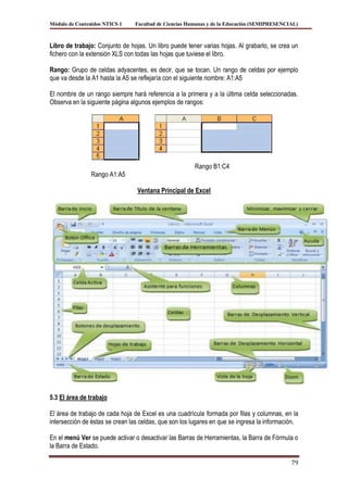 Módulo de Contenidos NTICS 1     Facultad de Ciencias Humanas y de la Educación (SEMIPRESENCIAL)



Libro de trabajo: Conjunto de hojas. Un libro puede tener varias hojas. Al grabarlo, se crea un
fichero con la extensión XLS con todas las hojas que tuviese el libro.

Rango: Grupo de celdas adyacentes, es decir, que se tocan. Un rango de celdas por ejemplo
que va desde la A1 hasta la A5 se reflejaría con el siguiente nombre: A1:A5

El nombre de un rango siempre hará referencia a la primera y a la última celda seleccionadas.
Observa en la siguiente página algunos ejemplos de rangos:




                                                        Rango B1:C4
                Rango A1:A5

                                 Ventana Principal de Excel




5.3 El área de trabajo

El área de trabajo de cada hoja de Excel es una cuadrícula formada por filas y columnas, en la
intersección de éstas se crean las celdas, que son los lugares en que se ingresa la información.

En el menú Ver se puede activar o desactivar las Barras de Herramientas, la Barra de Fórmula o
la Barra de Estado.

                                                                                             79
 