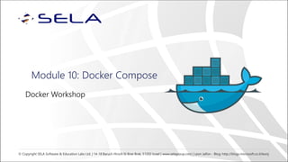 Module 10: Docker Compose
Docker Workshop
© Copyright SELA Software & Education Labs Ltd. | 14-18 Baruch Hirsch St Bnei Brak, 51202 Israel | www.selagroup.com | Leon Jalfon - Blog: http://blogs.microsoft.co.il/leonj
 